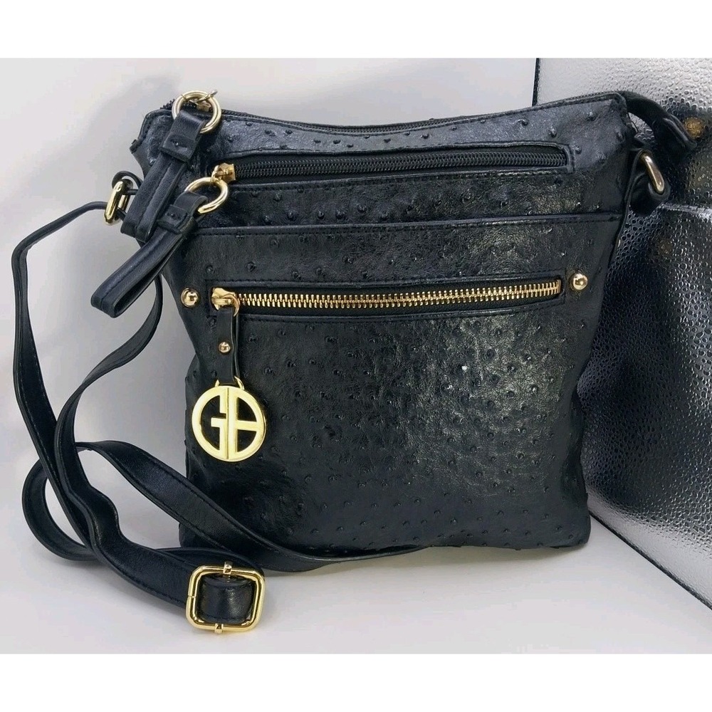GIANI BERNINI Crossbody Bag Black Embossed Faux-Ostrich Textured Purse Exc. Cond